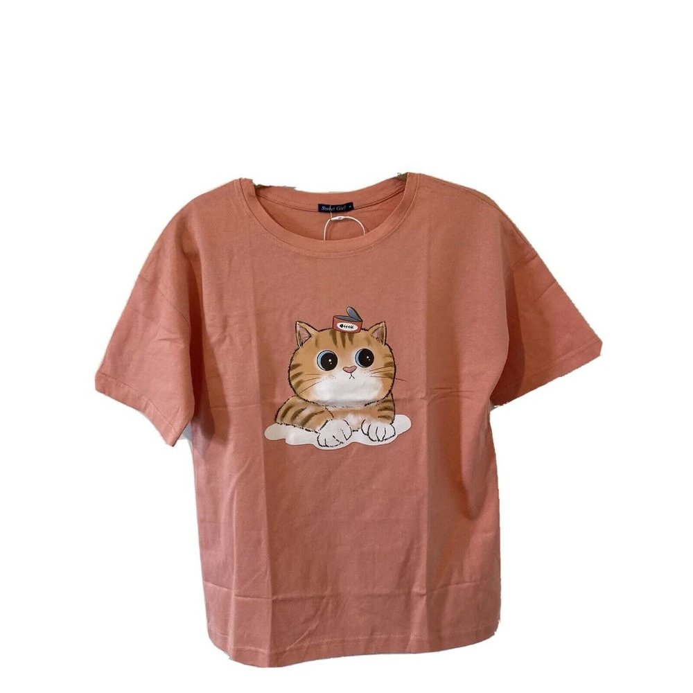 Sweet Girl Ginger Orange Tabby Cat Pink T Shirt Woman’s Size Medium